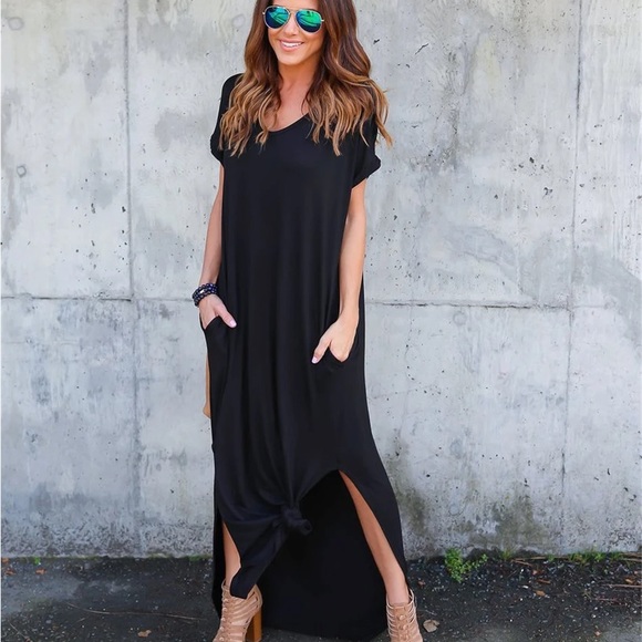 black maxi V-neck T shirt casual boho with pockets - Picture 2 of 11